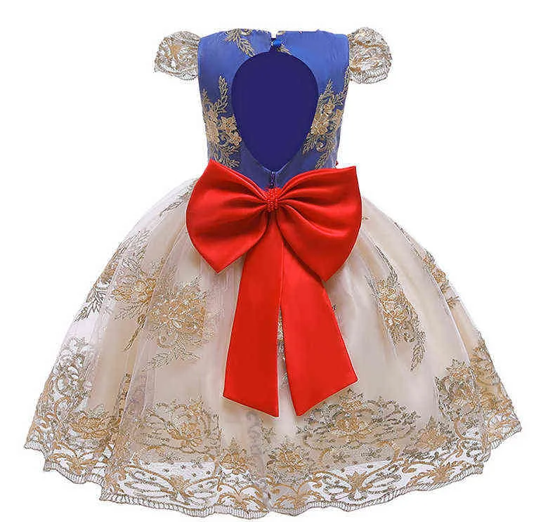 Lato Baby Girl Open Powrót Spersonalizowany Bow Dress Bubble Rękaw Haft Koronki Księżniczka Dress 1-5-letnia dziewczynka Party Dres G1129