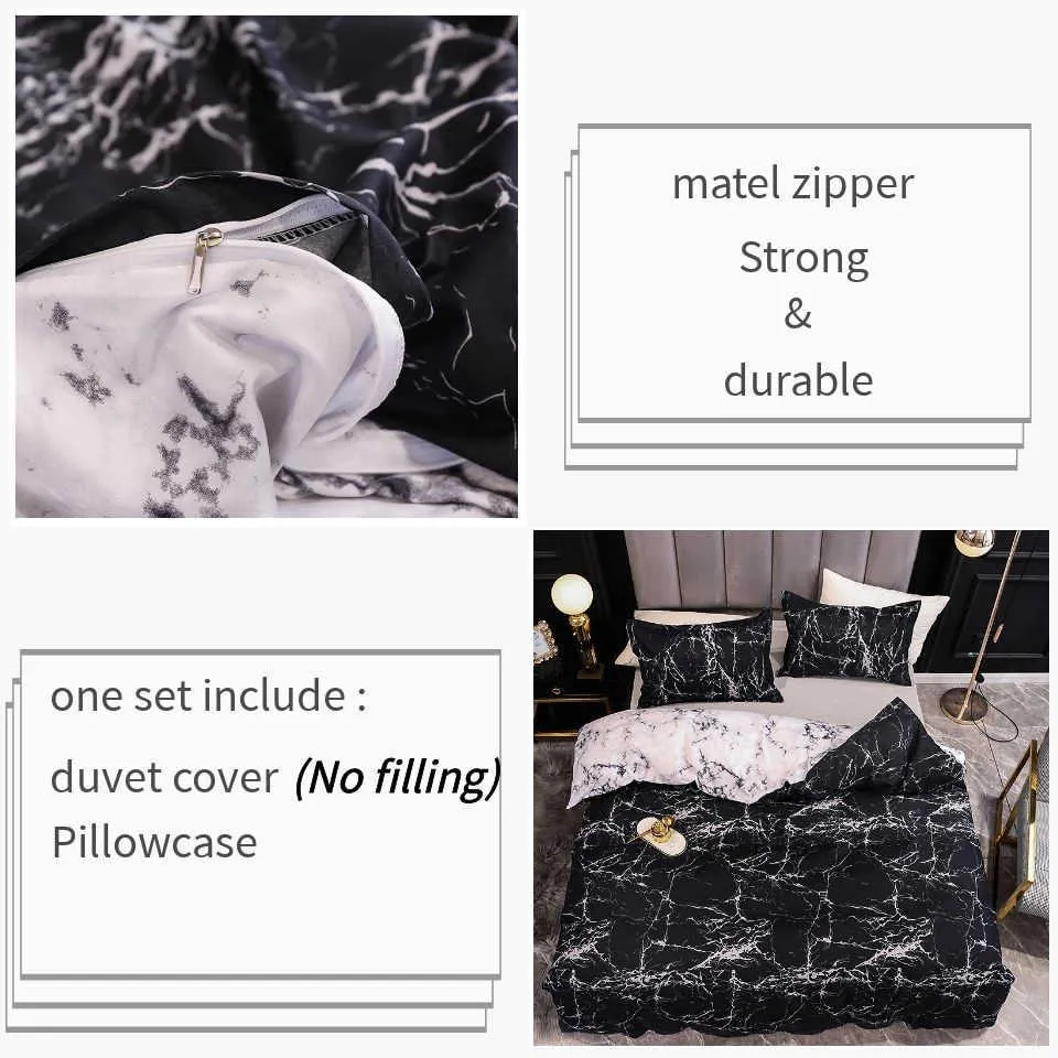 ヨーロッパアメリカンブラックベッドセットブラックマーブルパターンベッド羽毛板カバークイーンサイズ2つの枕カバー男性寝具シングルダブル210706