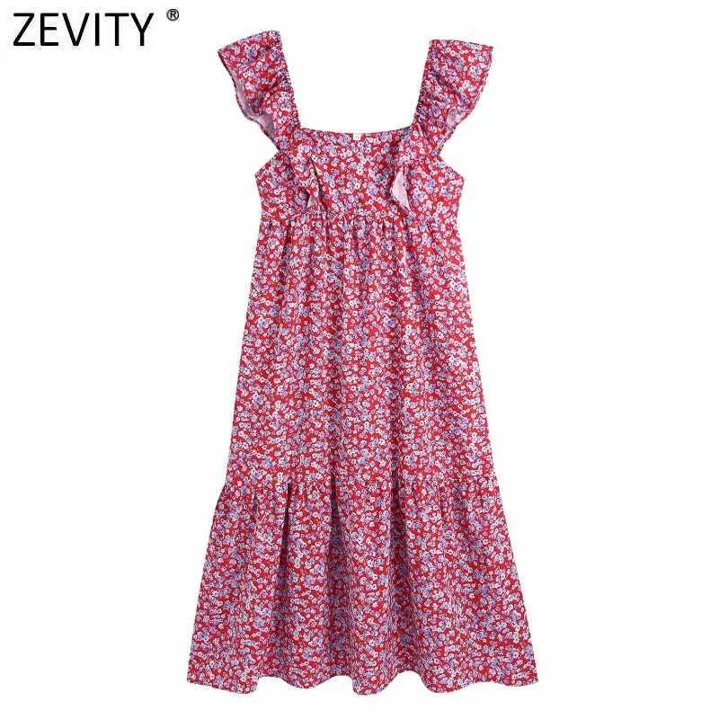 Zevity Women Sweet Red Floral Print Ruffles Sling Midi Dress Female Side Zipper Boho Vestido Chic Casual Summer Dresses DS8317 210603