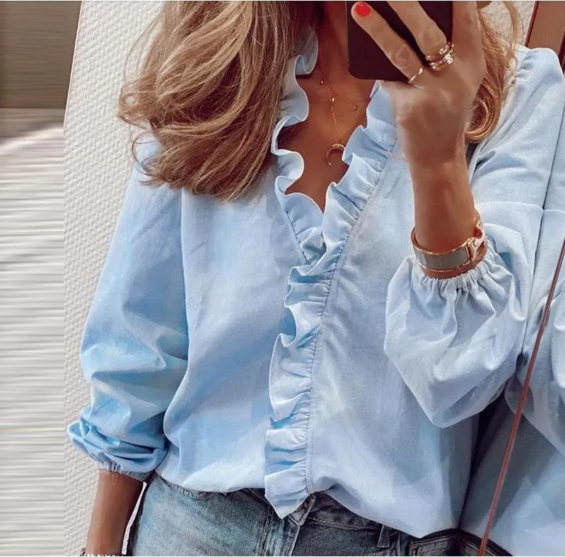 BLOUSE SHIRTS Office Lady Spring Summer Print Long Sleeve Ruffle Women Bluses Sexy V-Neck Pullover Tops 210303