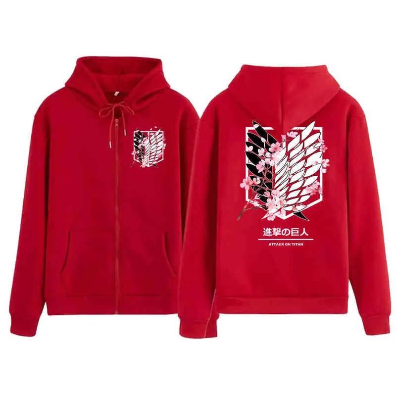 Anime Attack on Titan Felpe con cappuccio Levi Ackerman Mikasa Cherry Blossom Felpa Giacca con cerniera Sudadera felpa moletom H1227