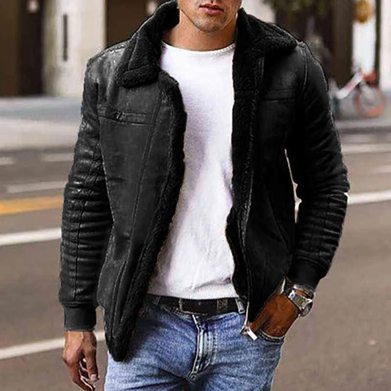 冬のソリッドな暖かい長袖の複合レザージャケットコート男性ヴィンテージターンダウンカラージップアップコートメンズファッションストリートウェア211103