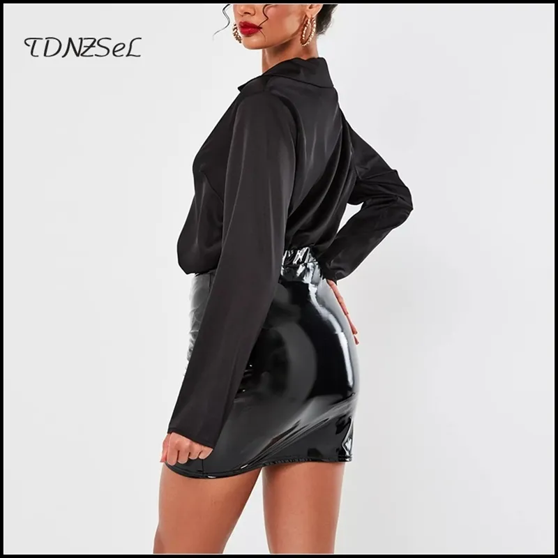 Black Latex Leather Mini Skirt Women Sexy High Waist PVC s Short Office Lady PU Skinny Pencil Bodycon Clubwear Custom 220221