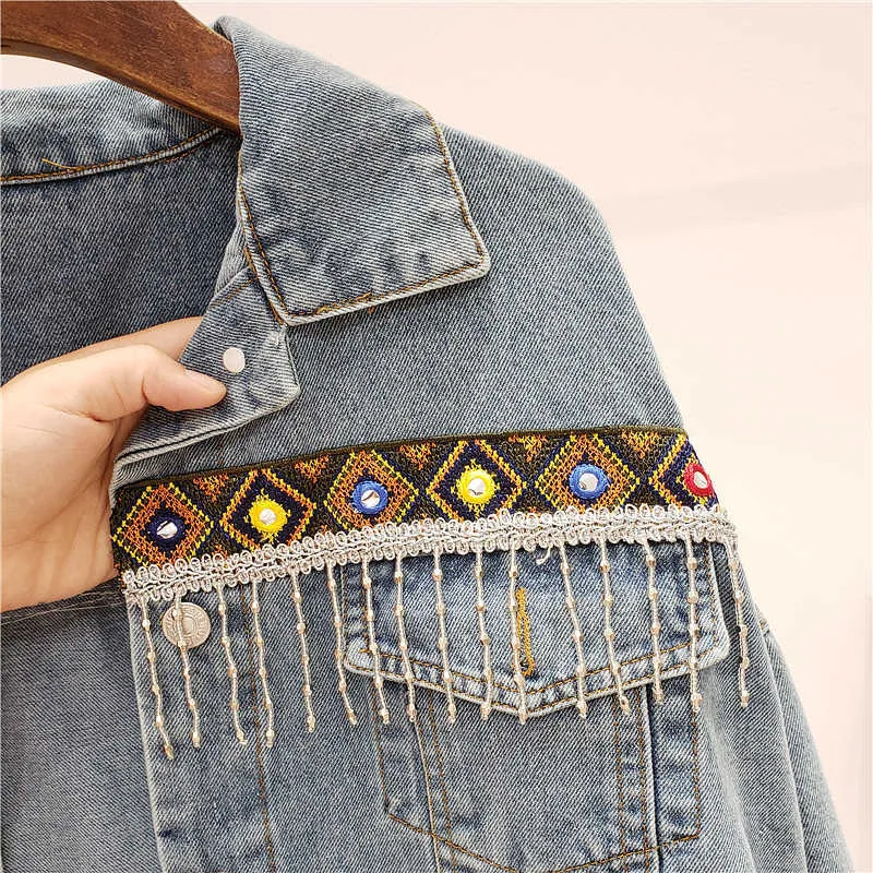 Vintage jeans jas jas vrouwen kwastje borduurwerk bloemen denim losse lange mouw korte bohemie vrouwelijke uitloper 210922