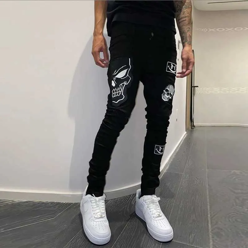 Mens Slim Black Jeans Crâne Imprimé Design Casual Élastique Petits Pieds Crayon Pantalon Biker Haute Qualité Rue Denim Pantalon 211011