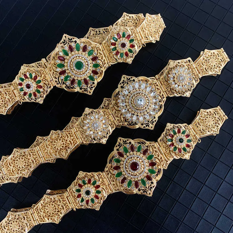Marocco nuziale in oro verde e rosso strass cinture caftano arabo abito da sposa gioielli catena il corpo