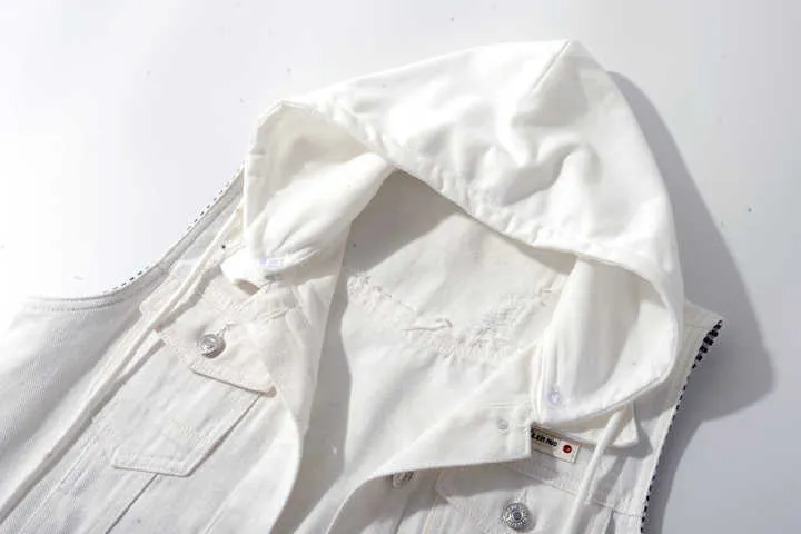 Casual capuche blanc denim gilets pour femmes coréennes veste sans manches femme pus taille gilet printemps manteau gilet colete 210915
