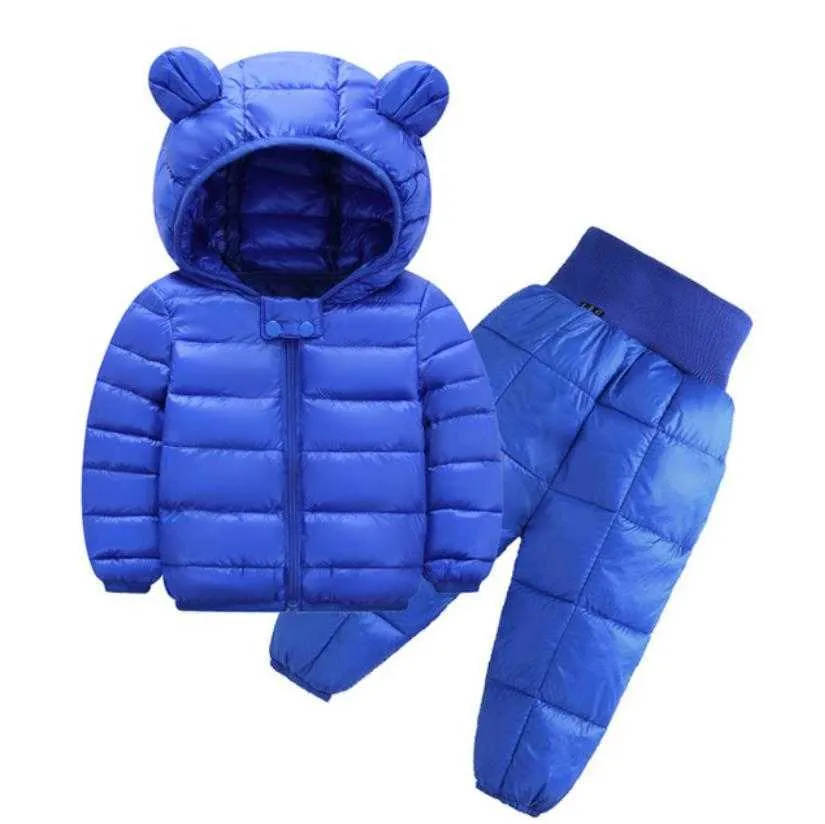 di abbigliamento bambini caldi invernali Neonata Giù Cappotti in cotone Tuta da neve Set completo da sci bambini Giacche con cappuccio da ragazzo + pantaloni1-5Y X0902