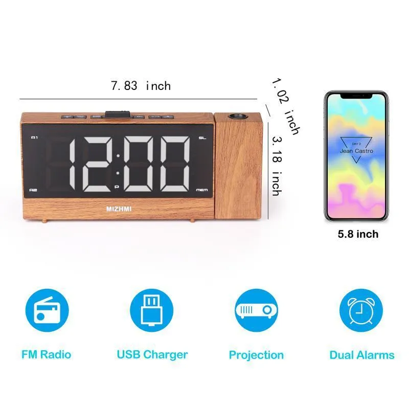 プロジェクションラジオの目覚まし時計LEDデジタルデスクテーブルウォッチスヌーズ機能調整可能プロジェクターFMラジオ210310
