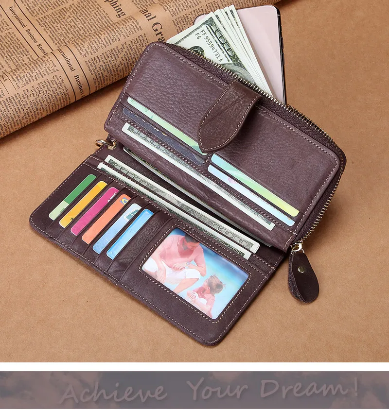 女性の柔らかい本物のレザークラッチロング牛革コインの電話バッグ財布財布