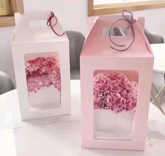 Упаковочные коробки для букетов цветов, подарочная упаковка для цветов, высококачественная прозрачная коробка из ПВХ для ручной переноски, коробка из крафт-бумаги184a