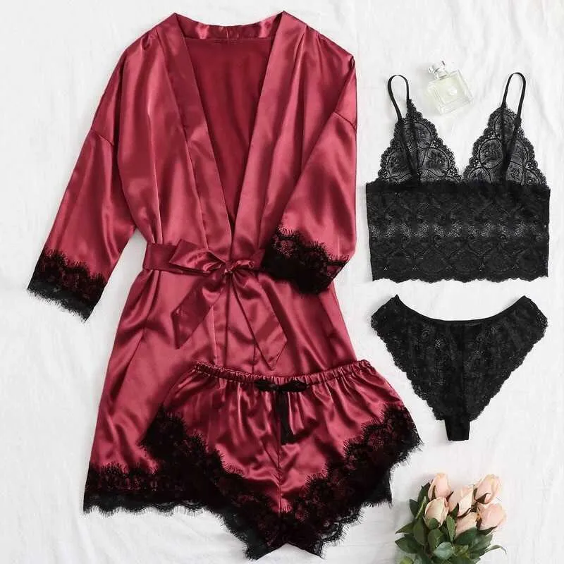 Dames Pajamas Set Sexy Dentelle Soutien-gorge Sous-gorge Peignoir Satin Stands Satin Service Home Silky Soft Soft confortable Robe Pajamas Q0706