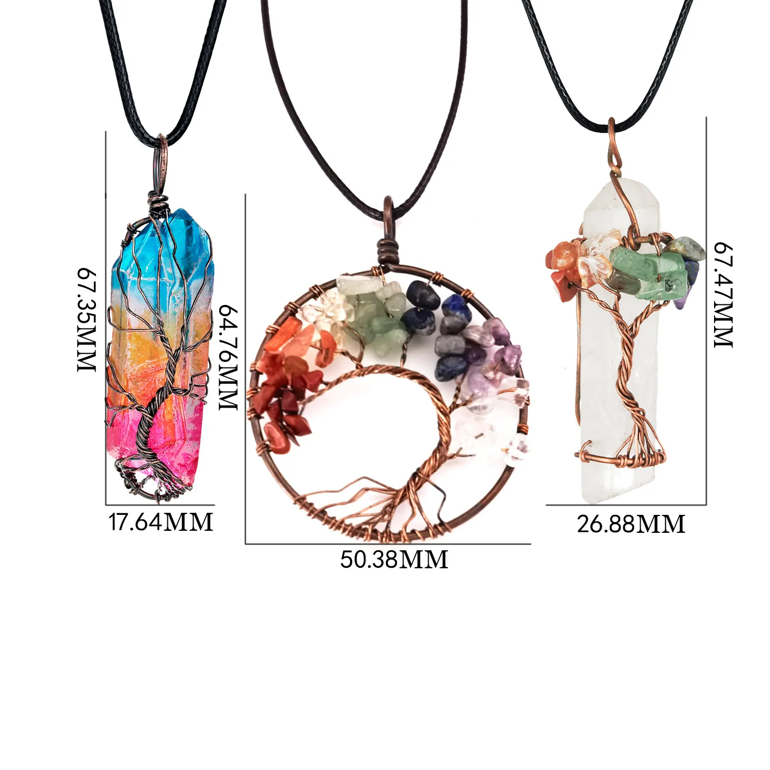 3 pezzi Ciondolo albero della vita Collana di cristallo di quarzo Chakra Pietra preziosa Rame Argento Avvolgimento di filo2563