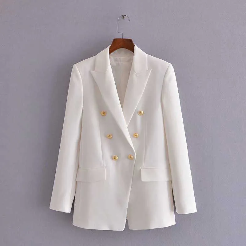 Za White Double Breasted Fitted Blazer Women Long Sleeve Shoulder Pads Slim Blazers Coat Woman Flap Pockets Outerwear Top 210602