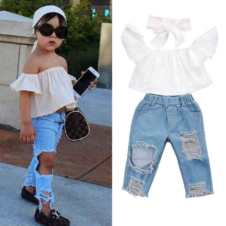 Toddler Girls Clothes Suits Off Shoulder Pullover Short Sleeve Tops Jeans Pants Bow Headband Kids Outfits Children Sets G220217