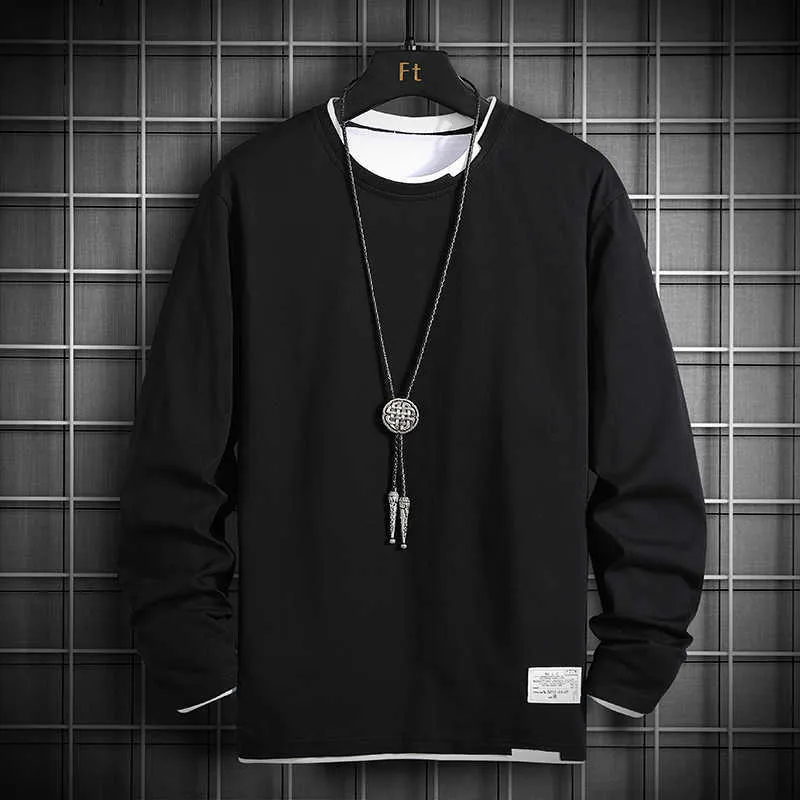 Camiseta Single Road para hombre, camiseta de manga larga de algodón de 100% extragrande de otoño, ropa informal japonesa, camiseta negra Vintage 210629