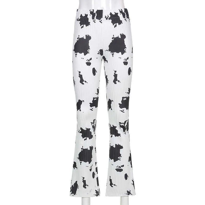 Vache imprimé cloche bas pantalon Cyber Y2k taille haute maigre jambe large pantalon capris Strechy pantalon dames pantalons de survêtement femmes E fille Q0801