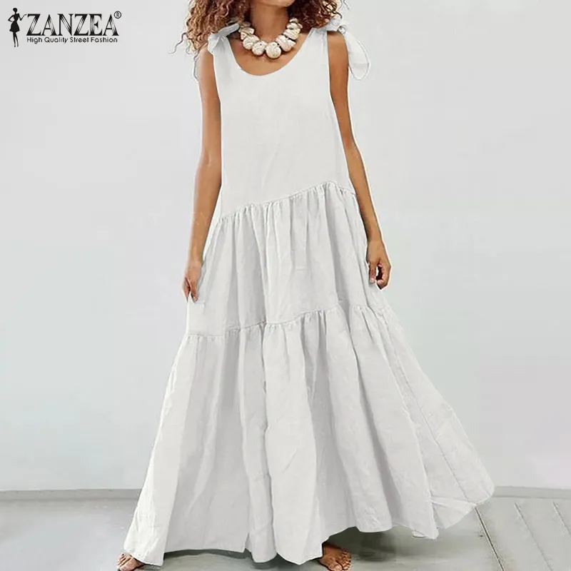 Kvinnors Ruffle Sundress Zanzea 2021 Snygg Solid Summer Maxi Klänning Lace Up Tank Vestidos Kvinna Casual Robe Femme Plus Storlek X0521