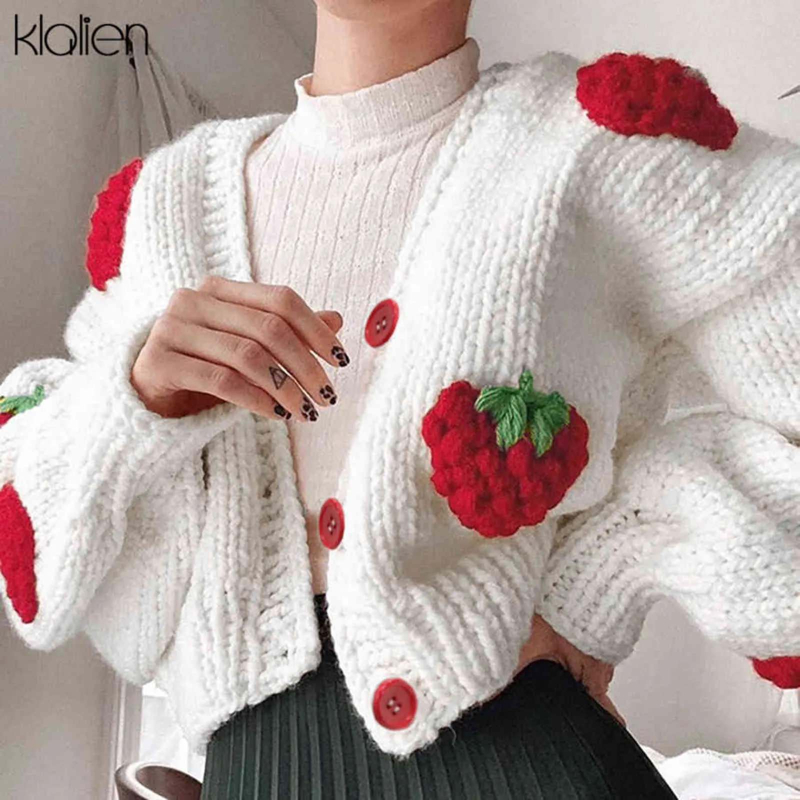 KLALIEN Mode Elegante Nette Druck Erdbeere Einreiher Pullover Frauen Herbst Verdicken Warme Strickjacke Pullover Streetwear 211123