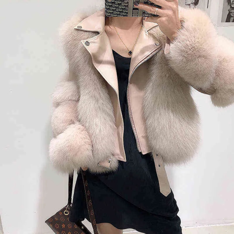 Kvinnor Faux Fur Coat With Fox Fur Winter Fashion Motocycle Style Luxury Fox Fur Leather Jackets Woman Trendy Overcoats 211110