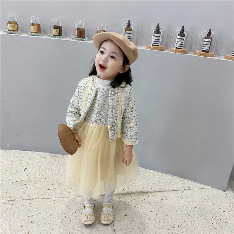 Wholesale Spring Baby Girl 2-pcs Sets Sleeveless Yellow Woolen Vest Yarn Skirt + Lady Style Coat Kids Outfits E8058 210610