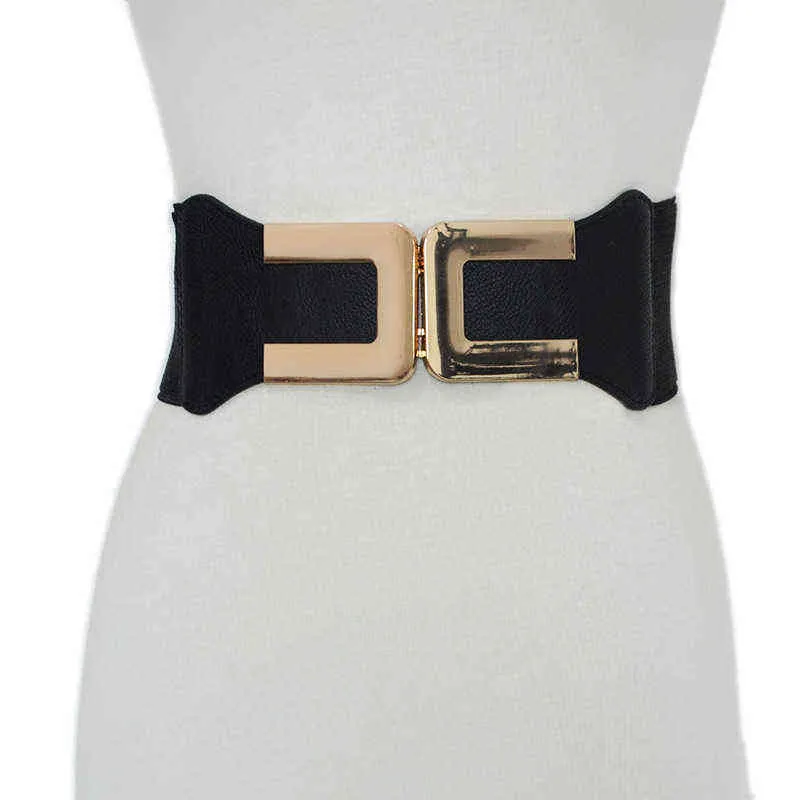 Goowaim 2022新しい女性ファッションダブルバックルデザイン弾性バンドベルト装飾的なドレスダウンジャケットブラックアクセサリー広いベルトG220301
