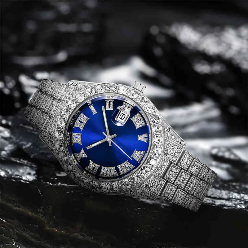 Iced Out Cubic Zirconia Watches Blue Face Hip Hop Fashion High Quality AAA Diamond Armband Rostfritt stål Quartz Watch for Men3097