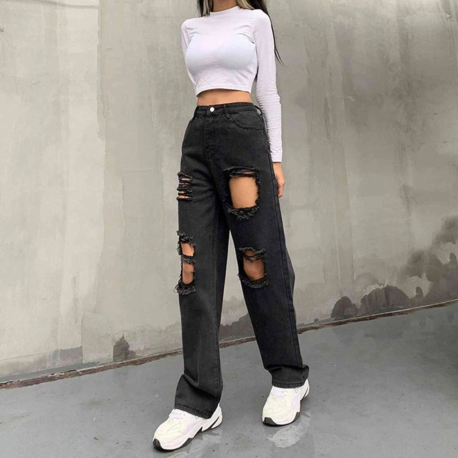 Jeans déchirés pour femmes taille haute Baggy Boyfriend Pantalon Y2K Teen Girls Straight Leg Vintage Denim Black Pantalon 211129