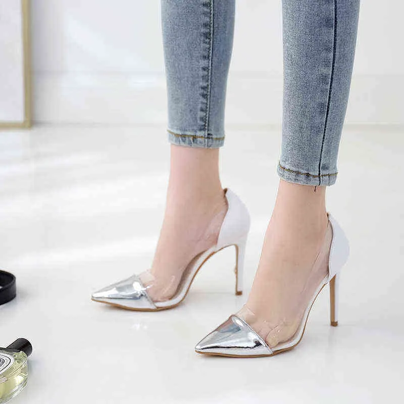 Dress Shoes Silver&gold transparent thin high heels 10cm pointed toe shallow OL dress pumps slip on european fashion single shoes woman 220315