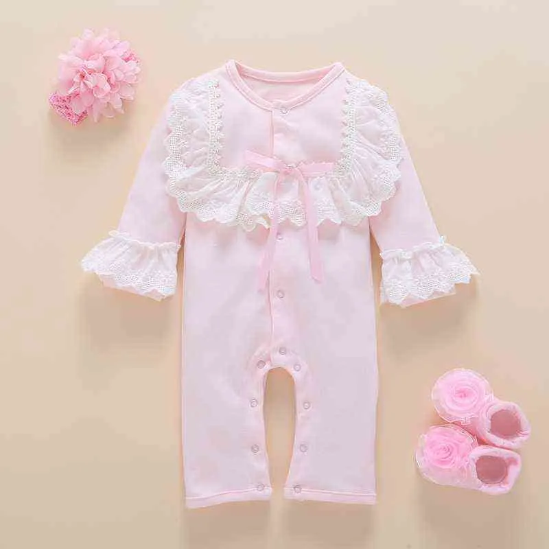 Ropa de bebé niña otoño encaje de algodón estilo princesa mono 0-3 meses mameluco infantil con calcetines diadema ropa bebe 220105