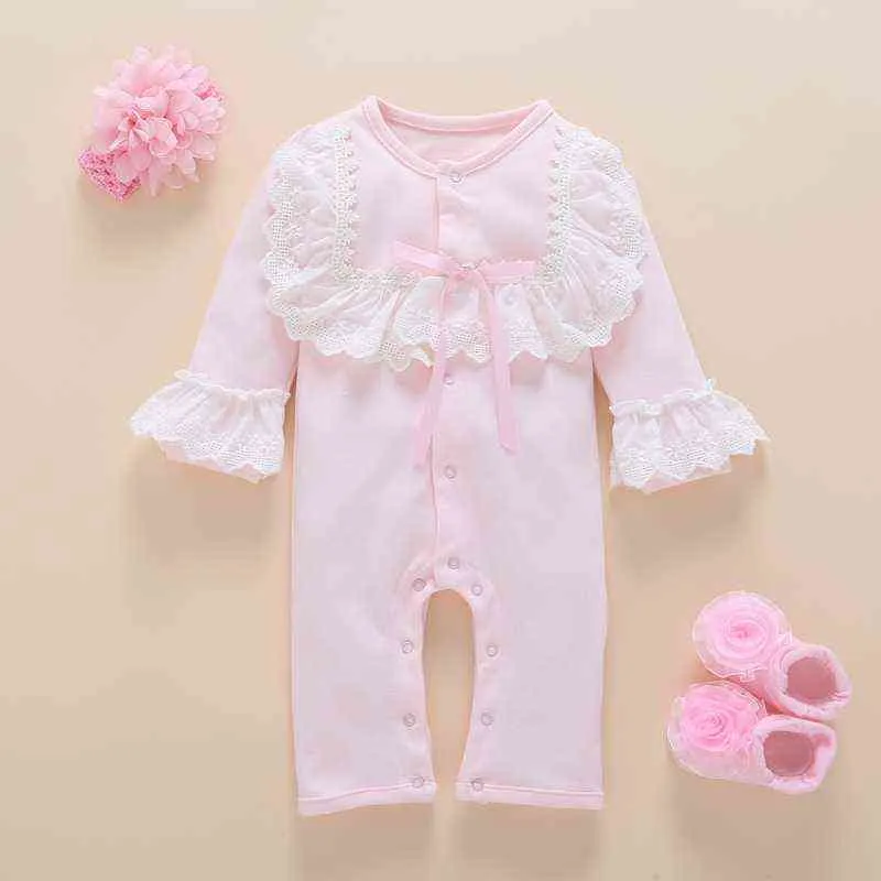 Urodzone ubrania Baby Girl Fall Cotton Lace Style w stylu Księżniczka 03 miesiące niemowlę Romper z skarpetami opaska na głowę BEBE 2201058079627