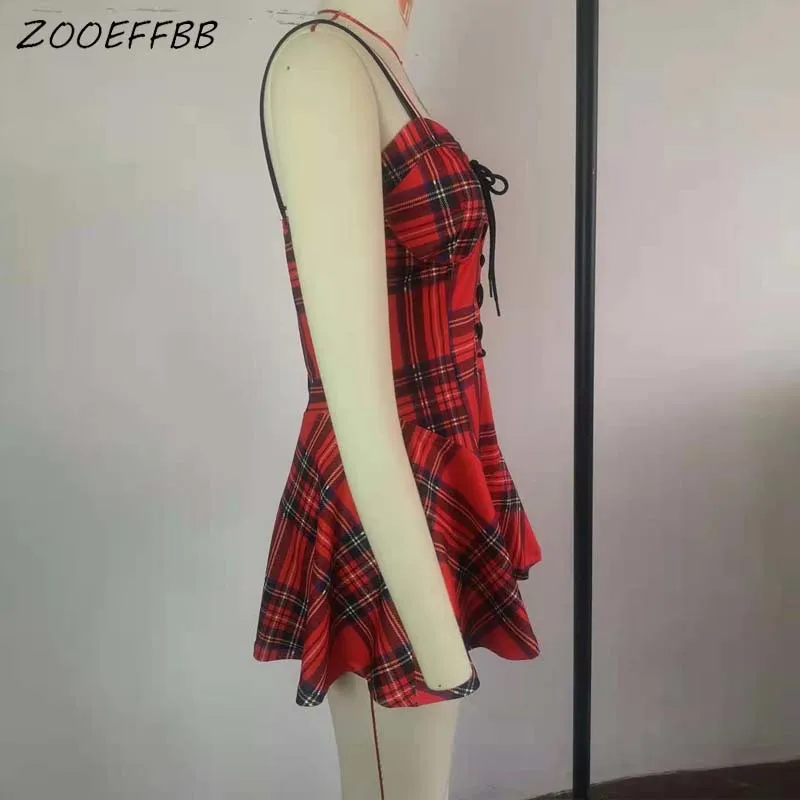 ZOOEFFBB Plus Size Clothing Sleeveless Mini Slip Dress Sexy Bodycon Club Outfits Bandage Plaid Dresses for 2021 Fashion Women Y0118