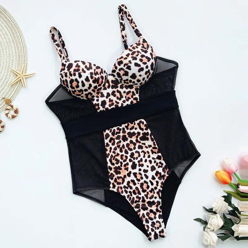 Fato de banho sexy push up de peça única malha transparente roupa de banho feminina com estampa de leopardo patchwork bodysuits 2021 corte alto banhistas roupa de banho Ba241I