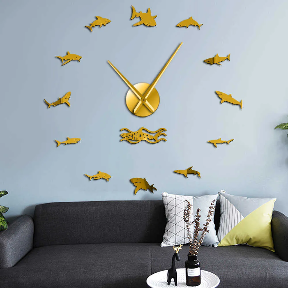 Ocean Shark Design Modern Size Adjustable DIY Wall Clock Sea Marine Animals Quartz Acrylic Mirror Effect Sticker Clock Watch X0726