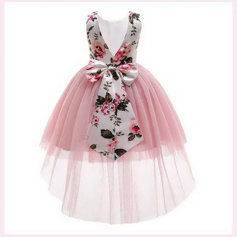 Girl Dress Sleeveless Summer Children's Princess with Bowknot Flower Open back High Low E20666 210610