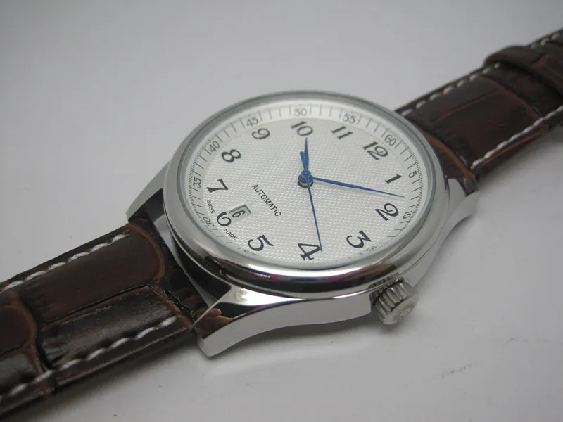 Top qualité homme montre mécanique automatique montres pour hommes cadran blanc bracelet en cuir marron avec Date 002294f