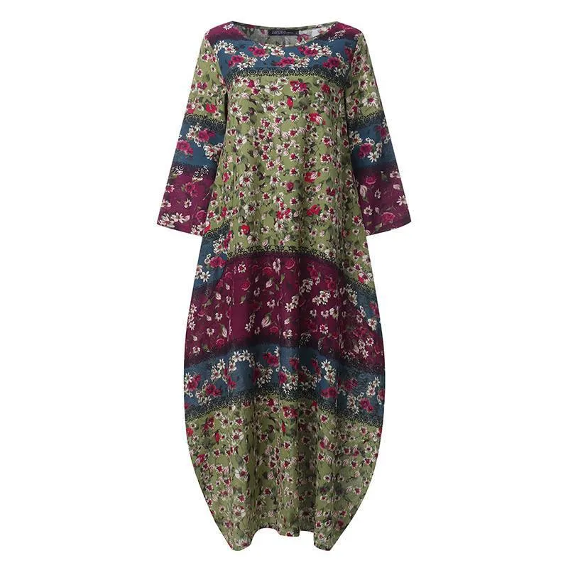 Boho Printed Maxi Dress Vintage Casual Cotton Linen Dress Women Vestidos Patchwork Robe Plus Size S-5XL Loose Pocket Long Dress Y0118