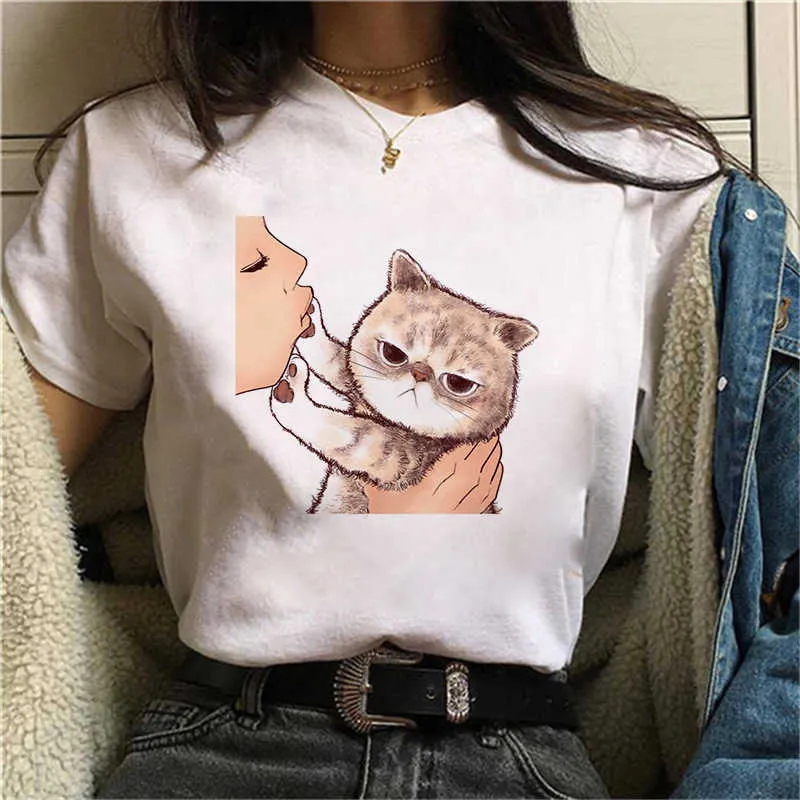 2021 Summer Women T-Shirt Kiss a Cute Cat Printed Tee Shirts Casual Tops Kawaii White T Shirts for Girls Female Clothing X0527