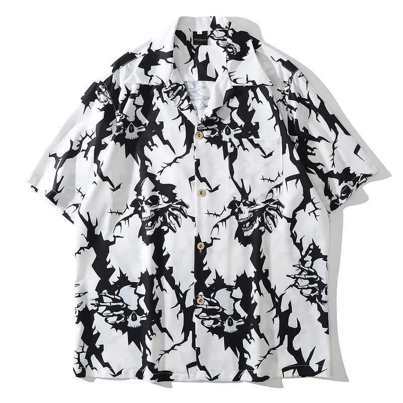 Черепа печать хип-хоп рубашки для мужчин Летняя пляжная рубашка негабаритная кнопка Японская уличная мода Harajuku Hawaiian 210721