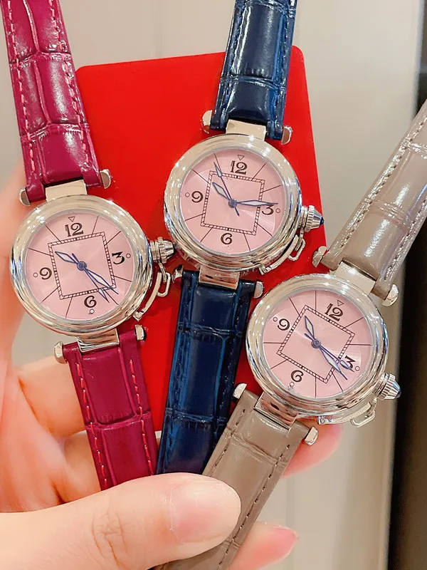 Neue Modemarke Frauen Quarz Uhr Pasha Design quadratisches Rund Zifferblatt Pink White Purple Echtes Leder Armbanduhr Kalender Clock249u