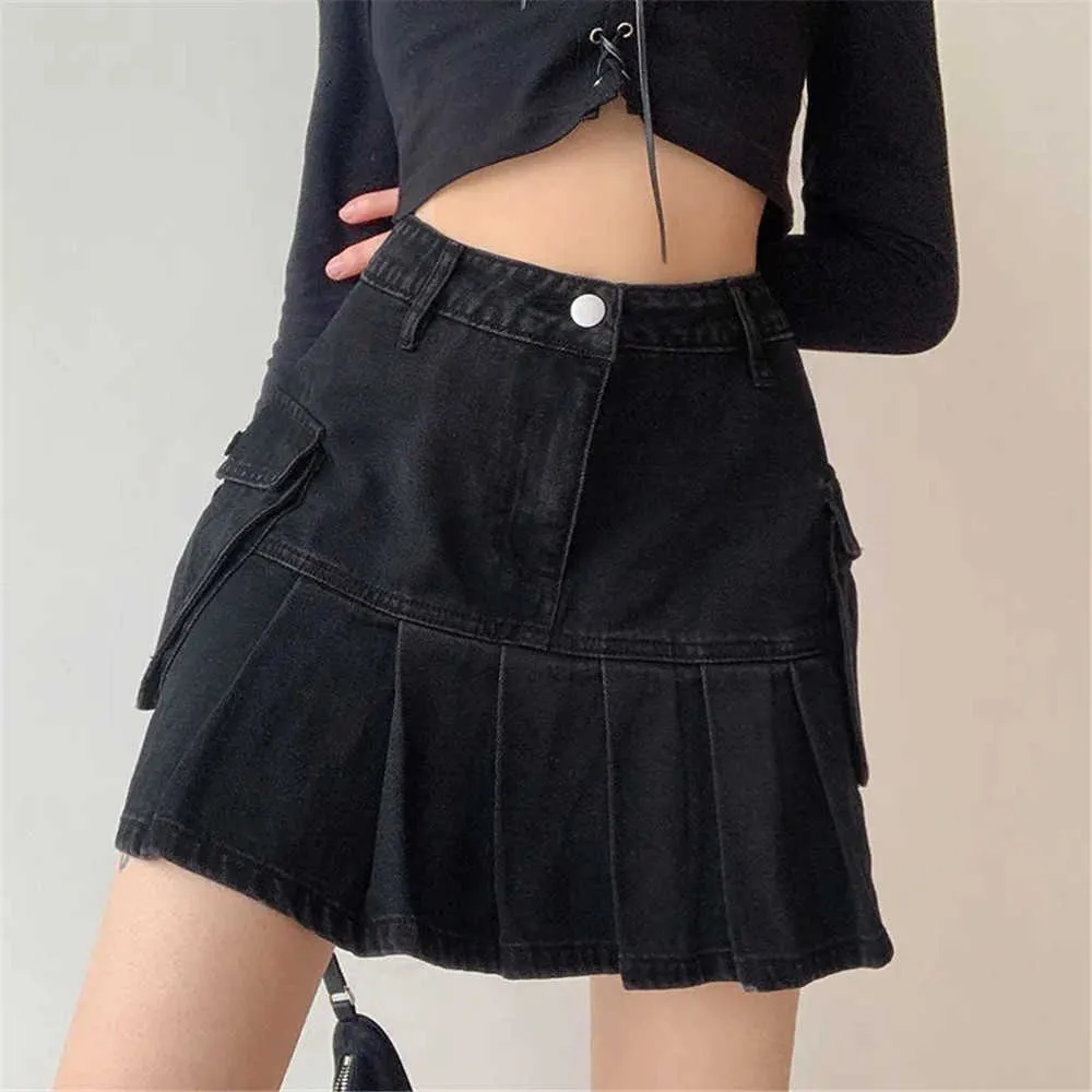 Vintage Goth Taille Haute Jean Mini Jupes Y2K Esthétique Denim Noir Jupes Plissées Avec De Grandes Poches Style Punk E-Girl Tenues 210619