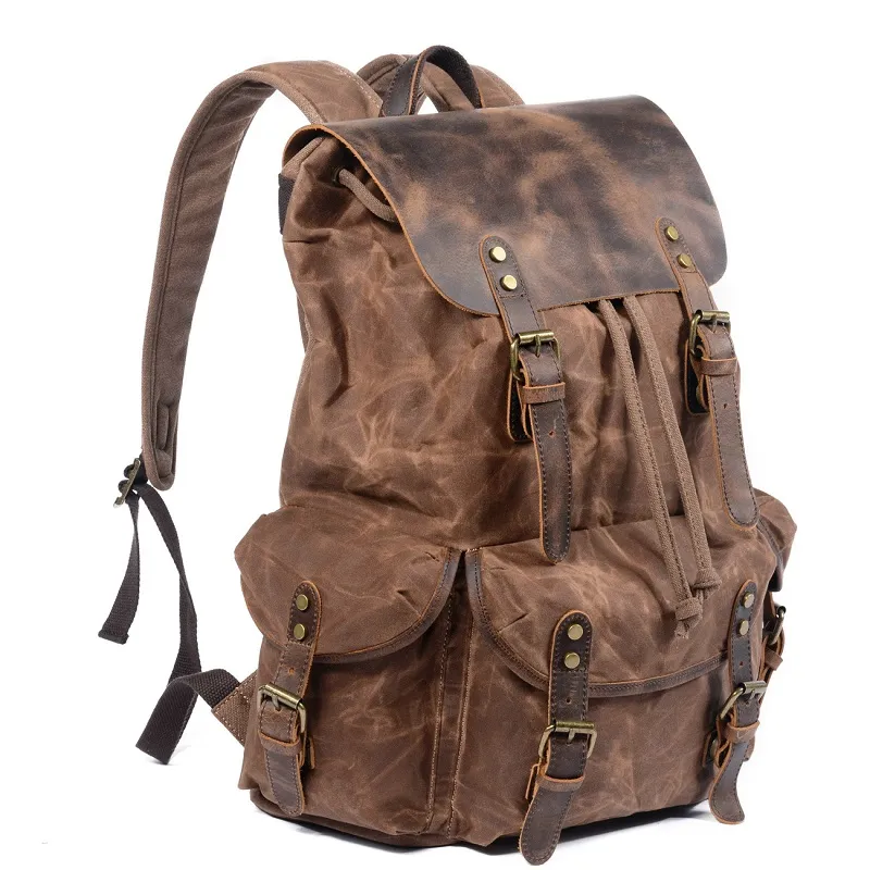 Waterproof Canvas Backpacks For Men Leather Laptop Rucksack Big Capacity Travel Bag Trend Street Young Motorcycle Daypacks