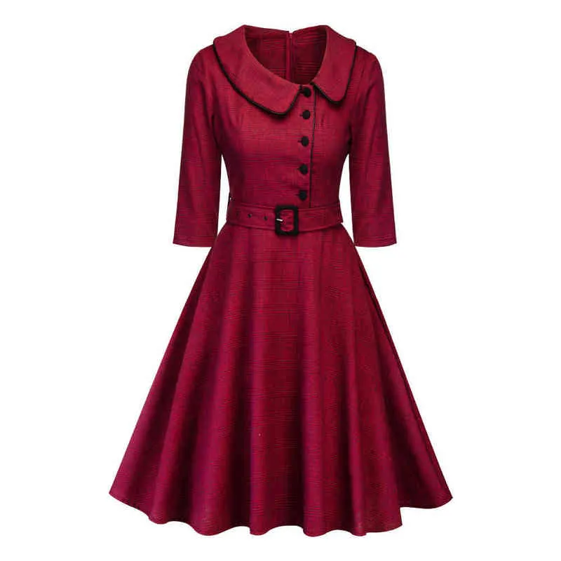 2021 automne hiver femmes rétro Robe 50 s 60 s Vintage décontracté rouge noir Plaid imprimé Robe Hepburn Rockabilly Vestidos Femme 4XL G1214