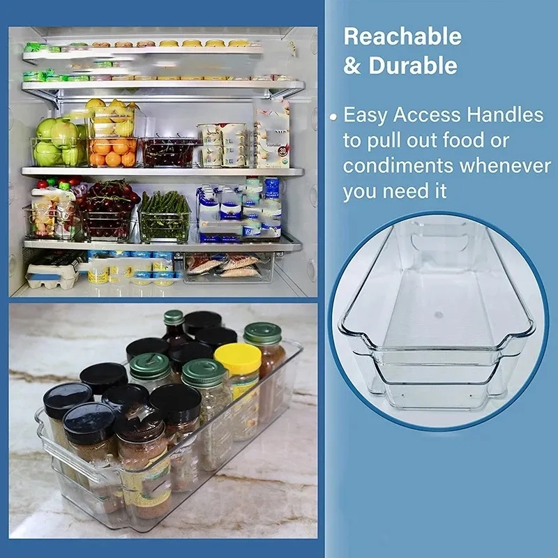 Contenitori impilabili in plastica Organizer frigorifero Dispensa trasparente Organizzazione alimentare Maniglia cucina Freezer Rack Cabinet Tools 210309
