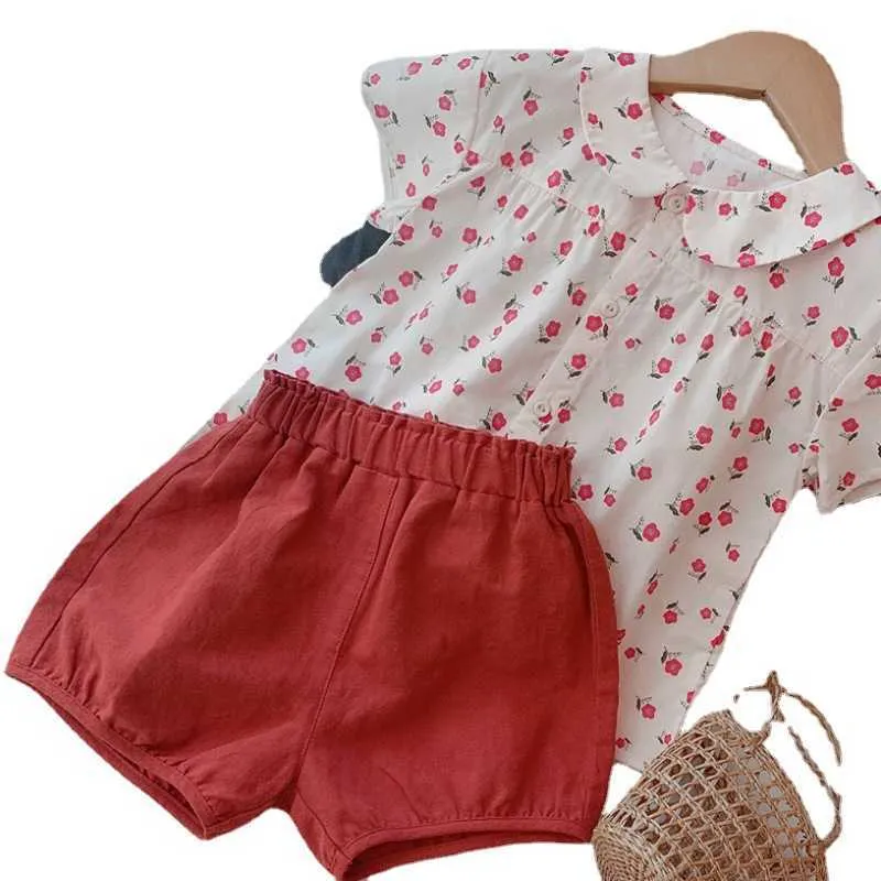 Bärenführer Kinder Mädchen Sommer Kausal Kleidung Sets Mode Kinder Baby Blumenblusen Shorts Outfits Kinder Vintage Kleidung Anzug 210708