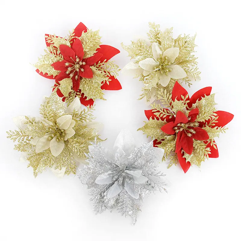 Glitter Artificial Christmas Flowers Xmas Tree Decorations Ornaments Merry for Home Year Gift Y201020