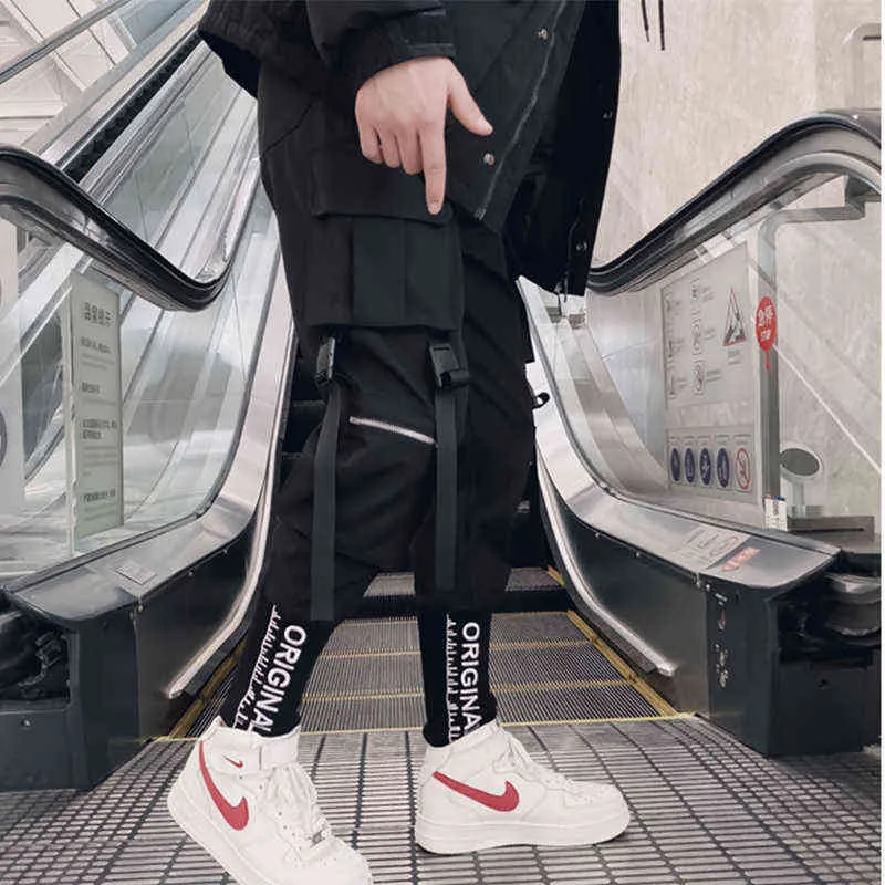 힙합 streetwear 남자 스플 라이스 바지 패션 남자 캐주얼 바지 바지 높은 거리 탄성 허리 하렘 바지 남자 블랙 조깅 211201