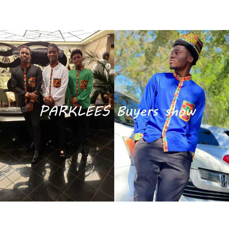 Dashiki Africano Mens Camisa Patchwork Pocket Africaine Imprimir Homens Ankara Estilo De Manga Longa Design Colar Colar S 210721
