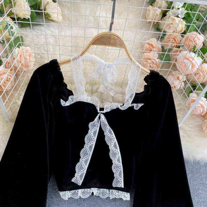 Sexy Halter Spitze Patchwork Kurze Bluse Für Frauen Casual Puff Sleeve Samt Shirt Weibliche Schwarz Tops Mode Herbst Winter 220122