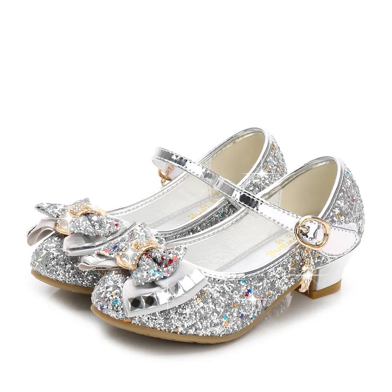 Princesa Niños Zapatos de cuero para niñas Flor Casual Glitter Niños Tacón alto Nudo de mariposa Azul Rosa Plata 220211